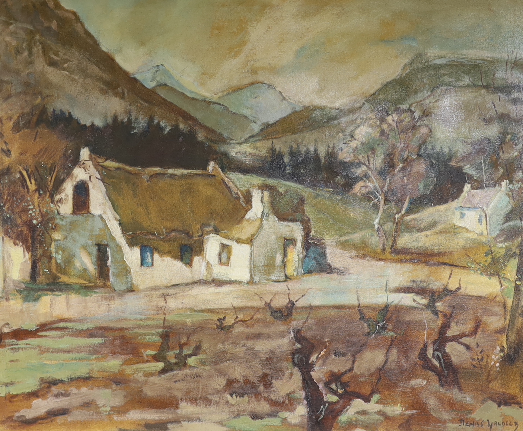 Denise Waldeck (20th. C), oil on canvas, Mountainous landscape with cottages, signed 60 x 75cm